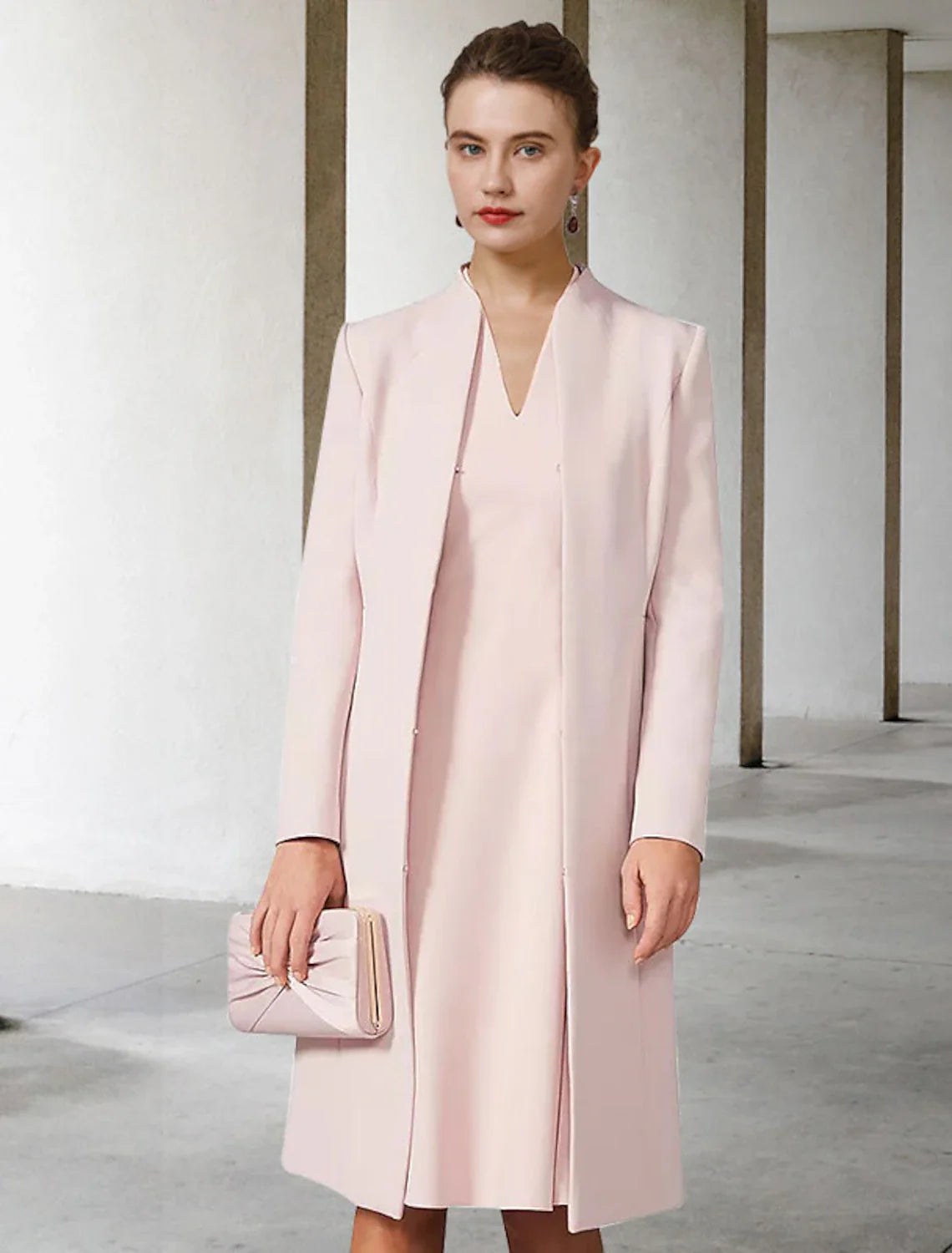 Wholesale Two Piece A-Line Mother of the Bride Dress Wedding Guest Church Elegant V Neck Knee Length Chiffon Short Sleeve Jacket Dresses with Solid Color Fall